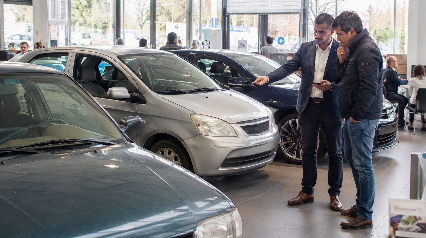 Showroom automobile français moderne avec trois véhicules alignés en profondeur : citadine compacte au premier plan, berline moyenne au centre, SUV familial en arrière-plan sur sol blanc brillant